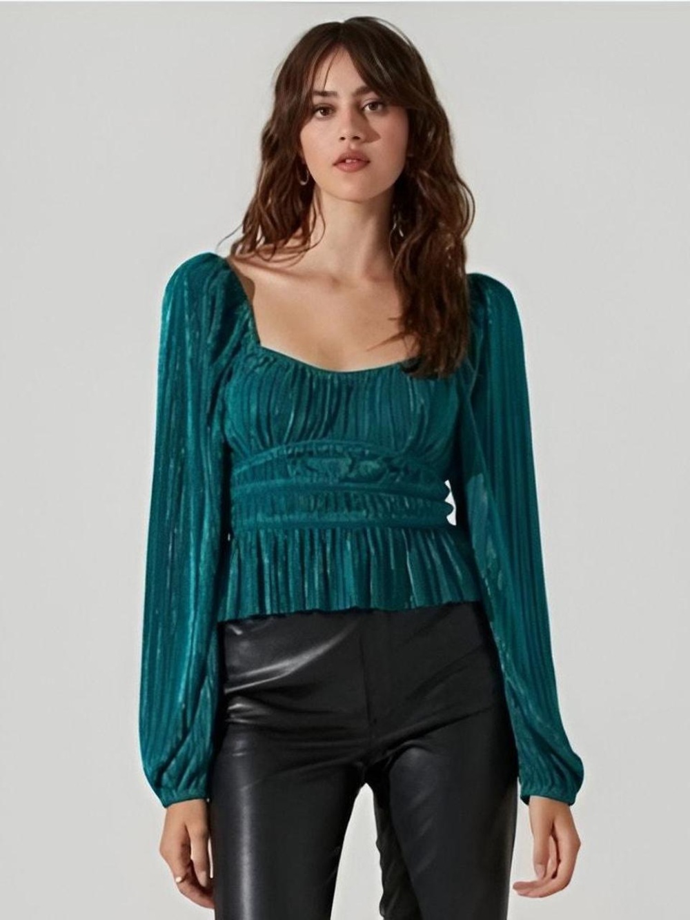 Astr Teal Long-Sleeve Square Neck Peplum Top